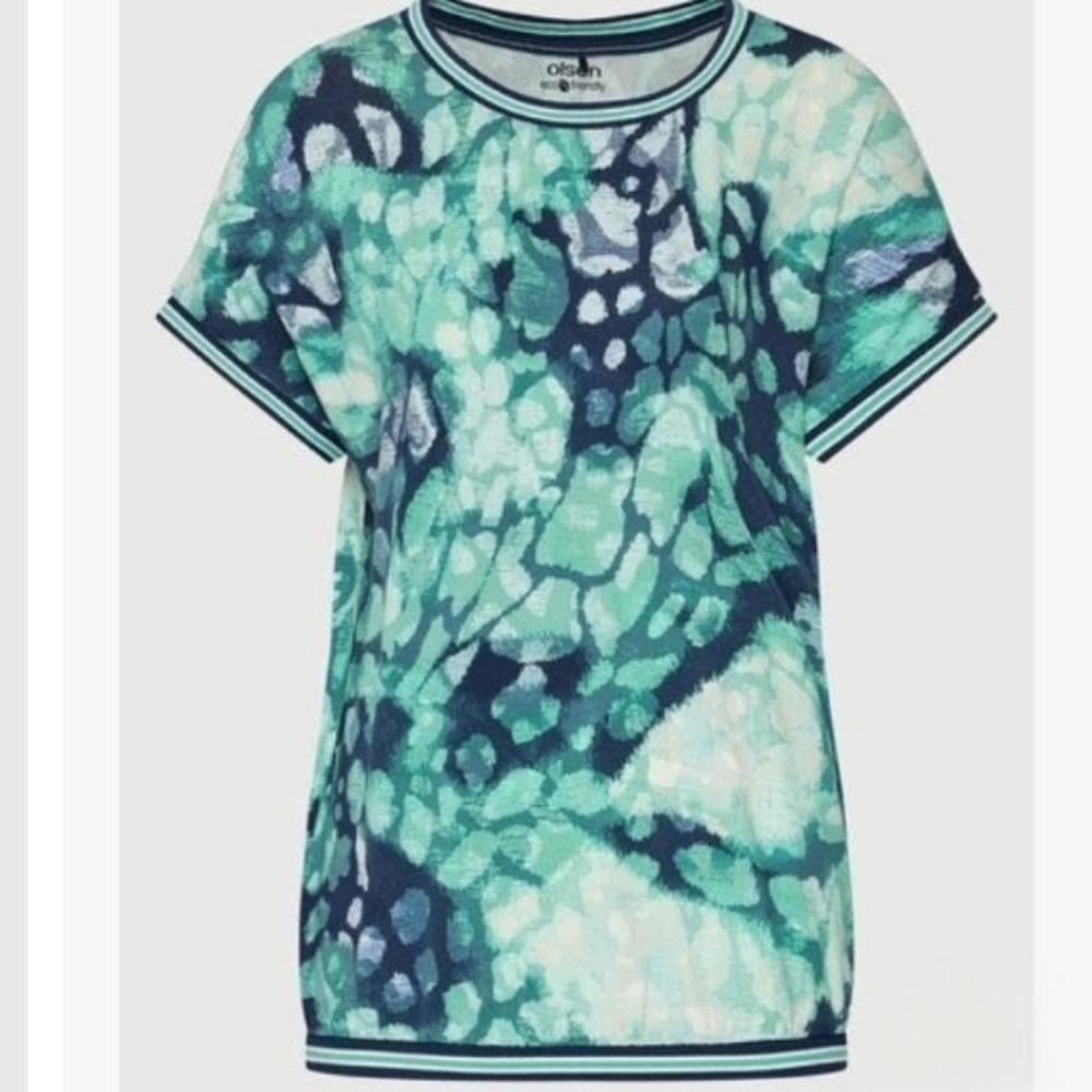 Olsen🍃ECO FRIENDLY TOP Abstract Turquoise & Navy Round Neck Banded Waist Viscose
